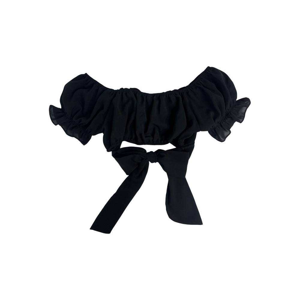 Black Off Shoulder Ruched Crop Top Puff Sleeve Bow Tie Coquette Y2K Size M - Picture 3 of 6